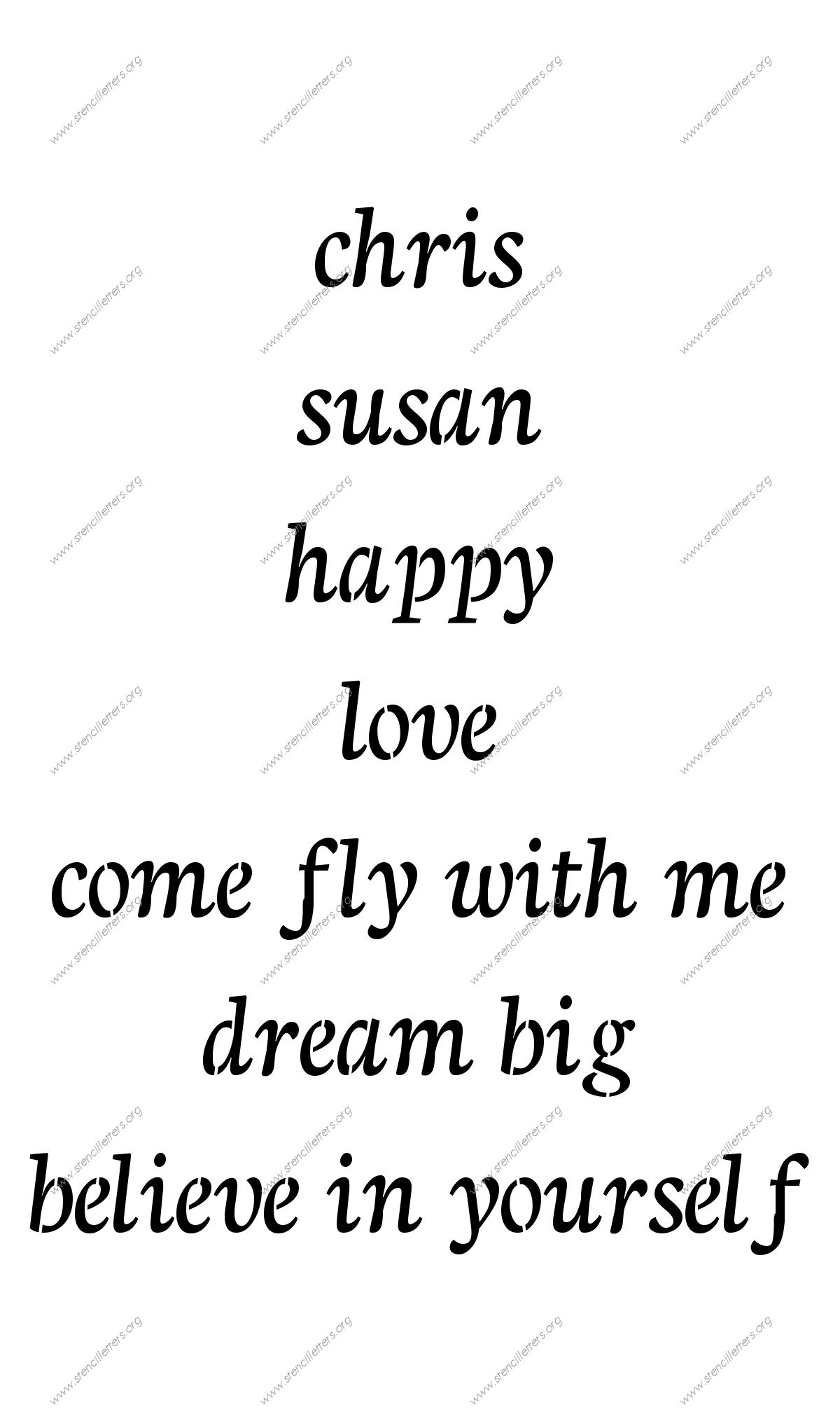 Humanist Cursive lowercase stencil Names, Words, Phrases samples